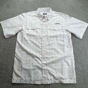 Habit Mens Medium White Red Fish Star Print Short Sleeve Button‎ Down Shirt